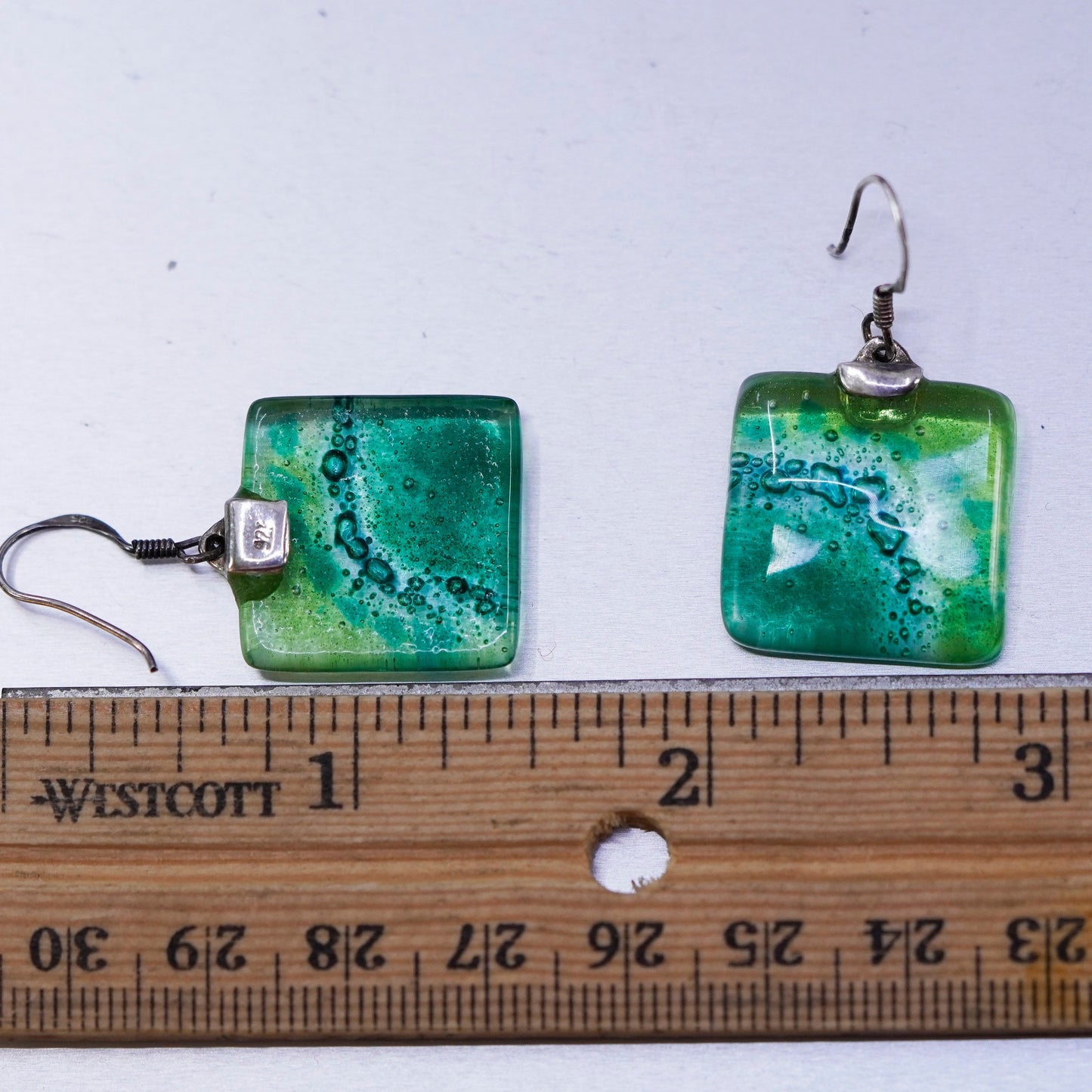 Vintage Sterling 925 silver earrings with artisan square green glass