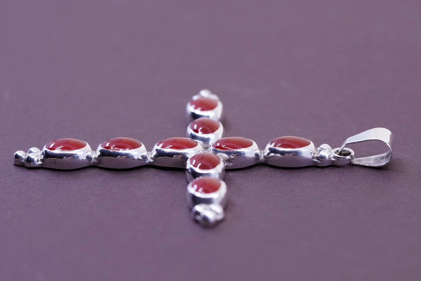 Vintage Sterling silver handmade pendant, huge 925 cross with carnelian