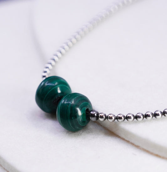 18”, vintage Sterling 925 silver handmade beaded necklace malachite pendant