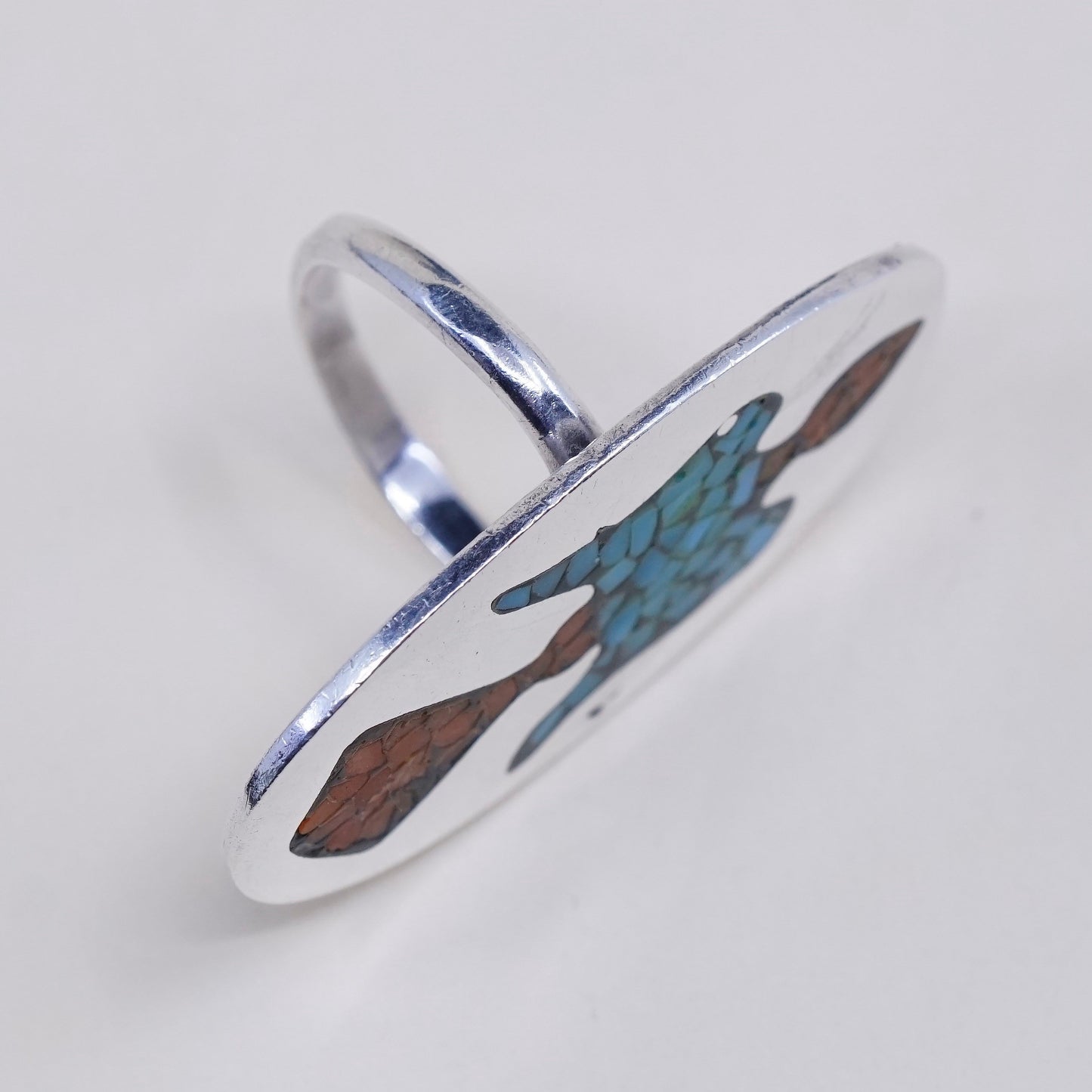 sz 6, natives American Sterling silver handmade ring, 925 turquoise coral bird
