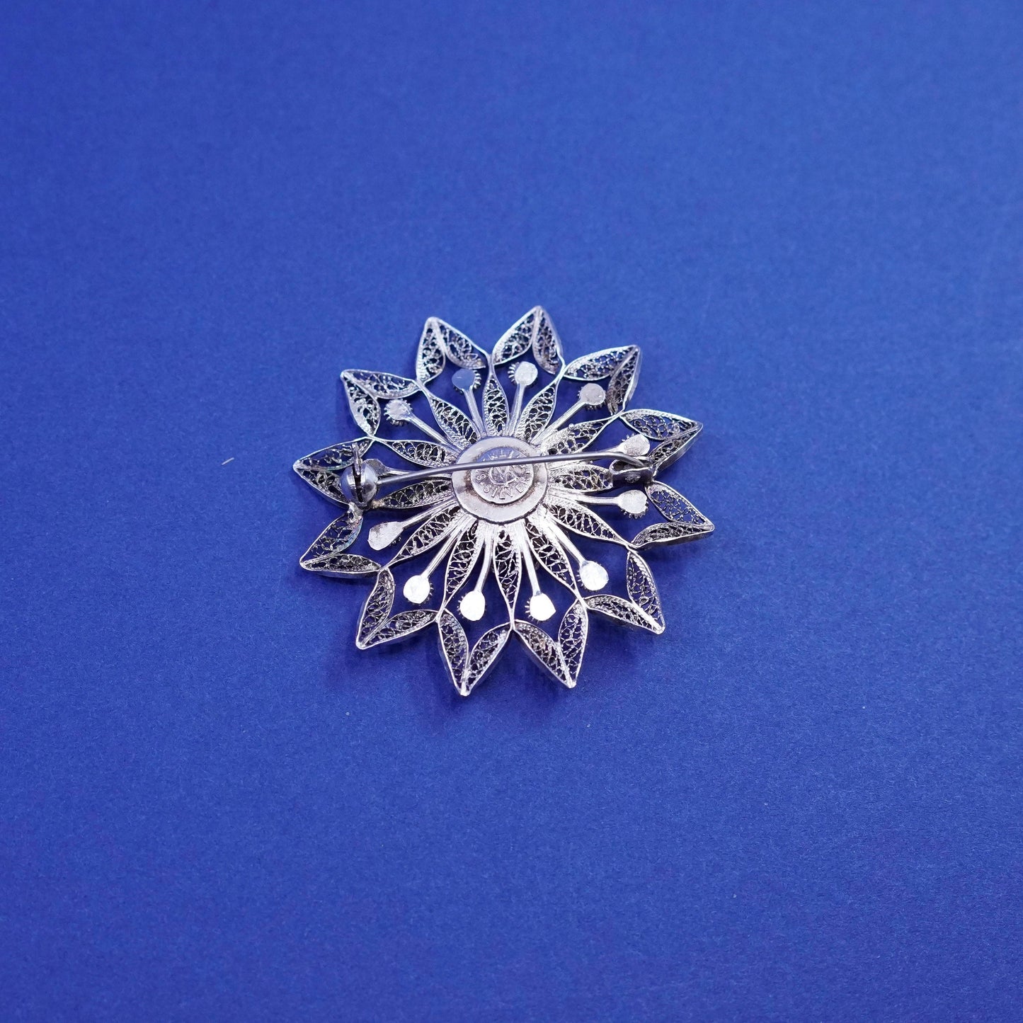 Vintage sterling silver handmade brooch, 925 filigree flower pin with turquoise