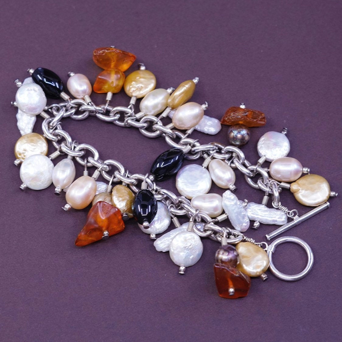 7.25", Sterling silver bracelet, 925 circle chain w/ pearl N amber obsidian