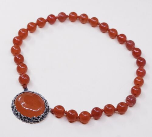 17”, Vtg Sterling Silver 925 Handmade necklace w/ Genuine Carnelian Pendant Bead