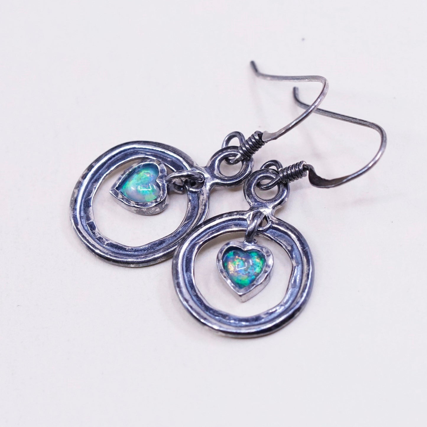 Vintage shube Sterling silver handmade earrings, 925 circle with heart opal