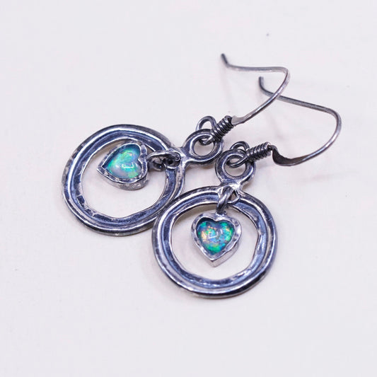 Vintage shube Sterling silver handmade earrings, 925 circle with heart opal