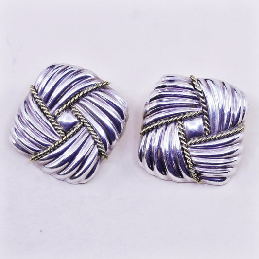 vtg two tone Sterling silver clip on earrings, 925 ribbed square w/ brass cable