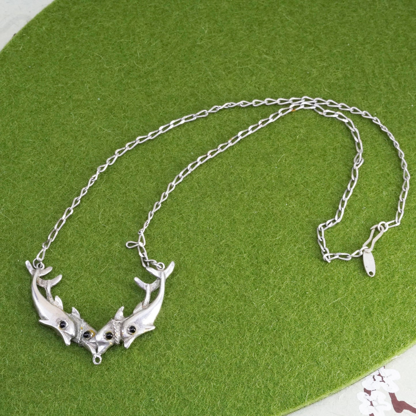 17”, sterling 925 silver handmade necklace, curb chain with dolphins pendant