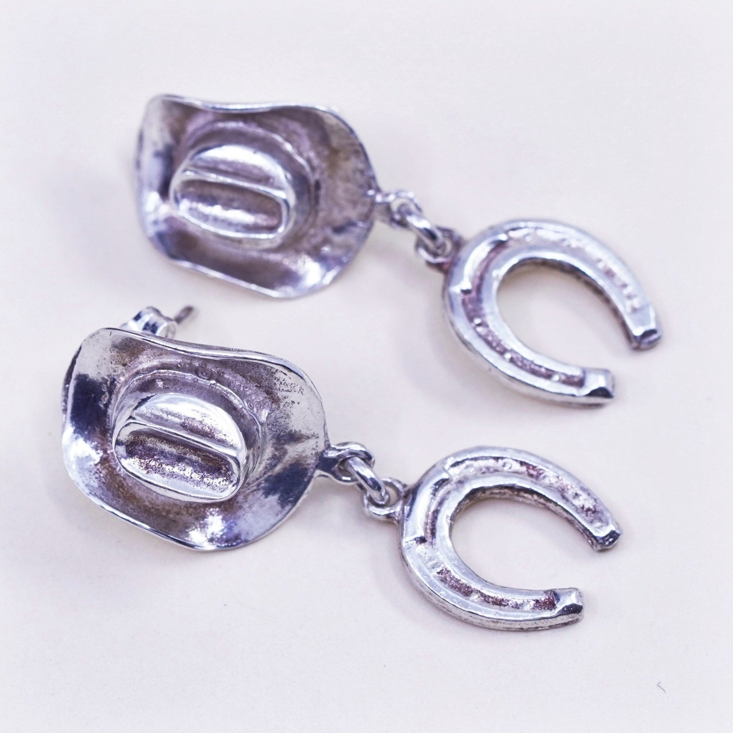 Vintage sterling silver handmade earrings, 925 cowboy Hat W/ horseshoe dangles