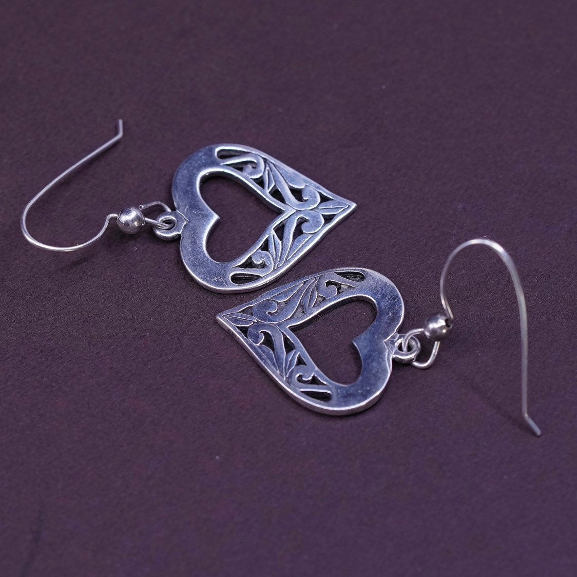 vtg Sterling silver handmade earrings, 925 filigree heart drops