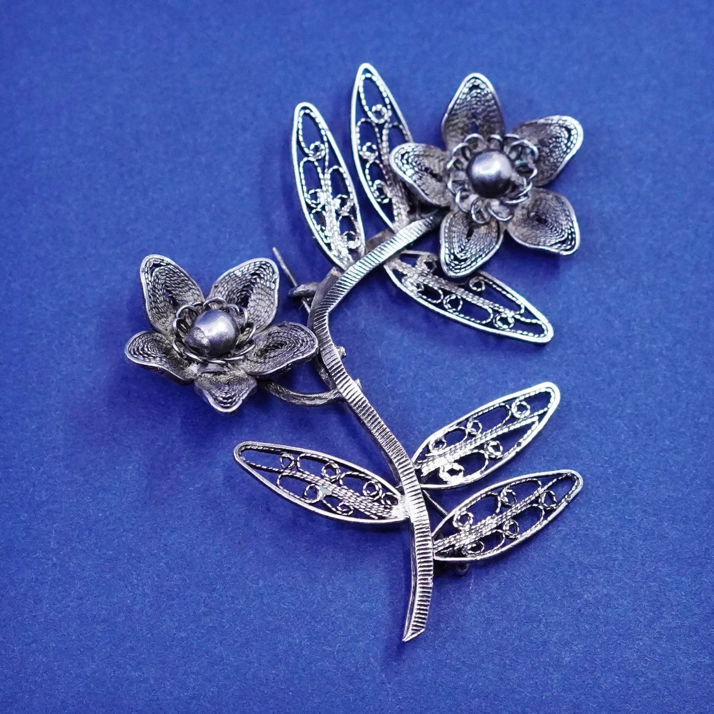 Vintage sterling silver handmade brooch, 925 filigree flower pin