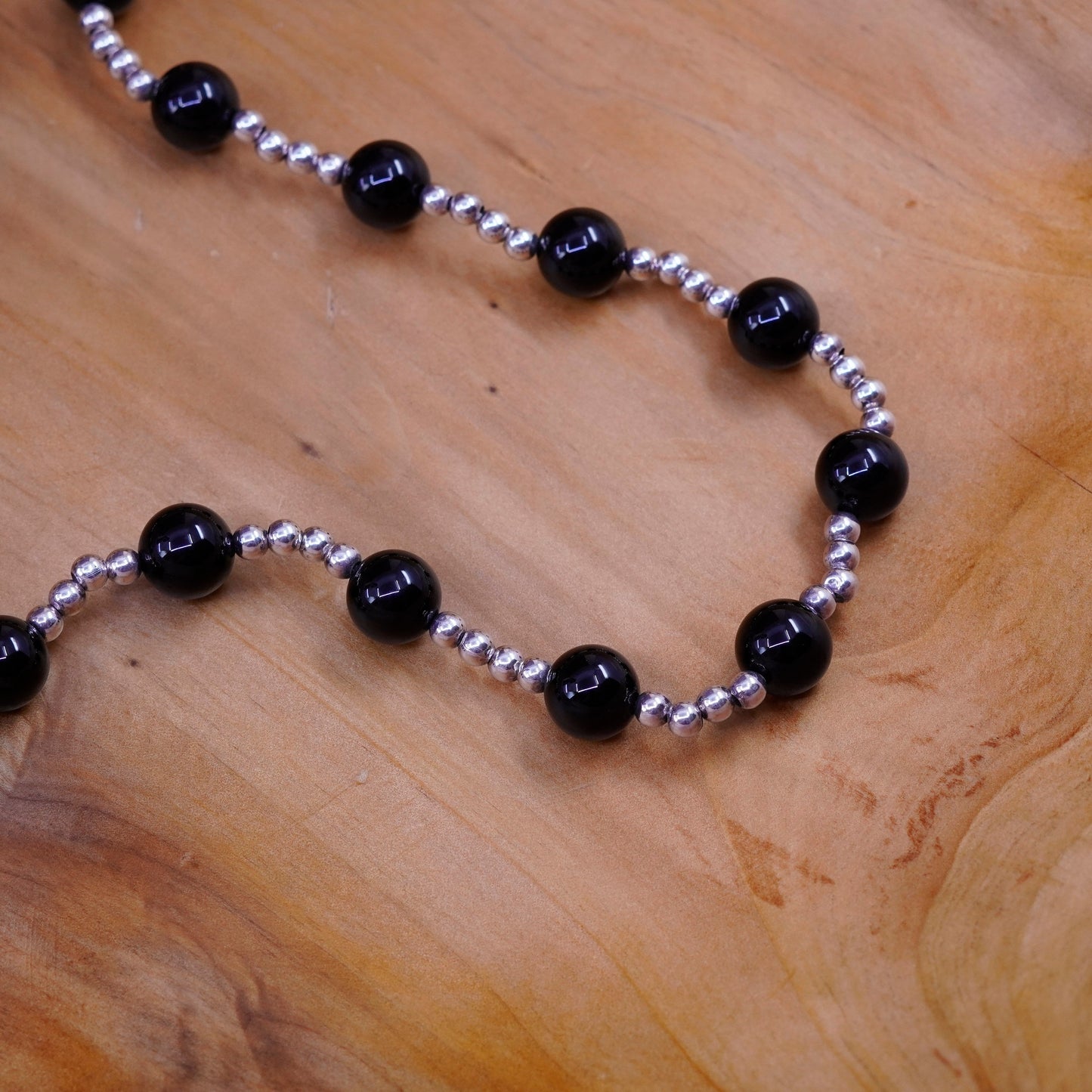 24” vintage sterling 925 silver handmade necklace with obsidian beads