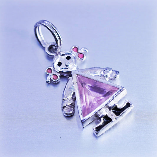 Antique Sterling silver handmade charm, 925 birthstone pink crystal dress