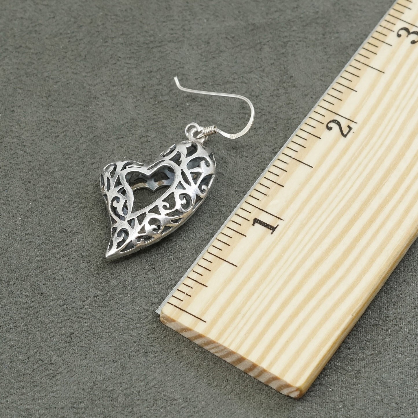 vtg Sterling silver handmade earrings, 925 filigree heart drops