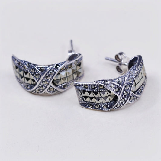 Vintage Sterling silver handmade earrings, 925 Huggie studs with marcasite