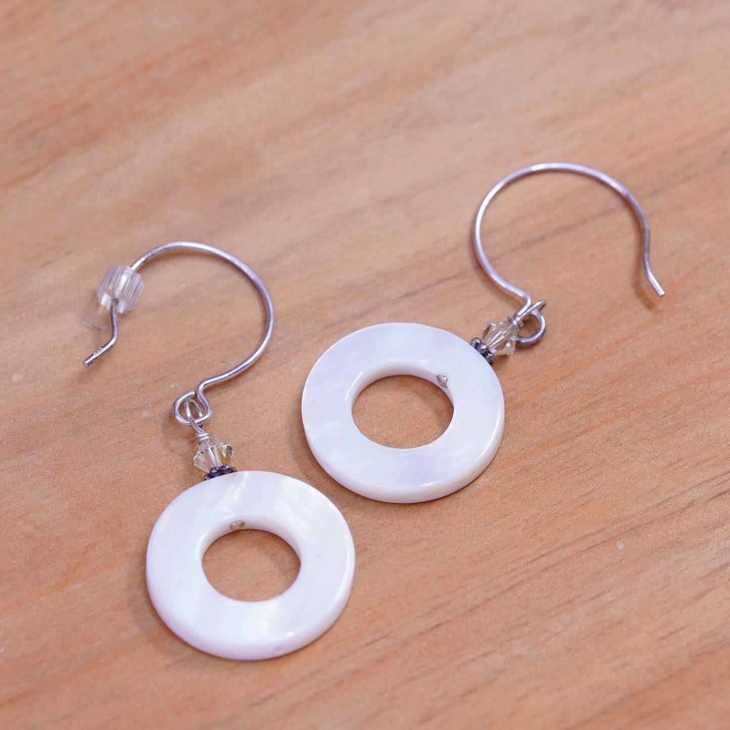 Vintage Sterling silver handmade earrings, 925 hooks w/ circle mother of pearl