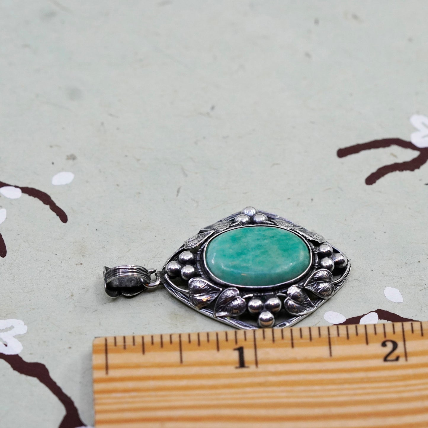 Vintage Sterling 925 silver handmade pendant with turquoise and leaves