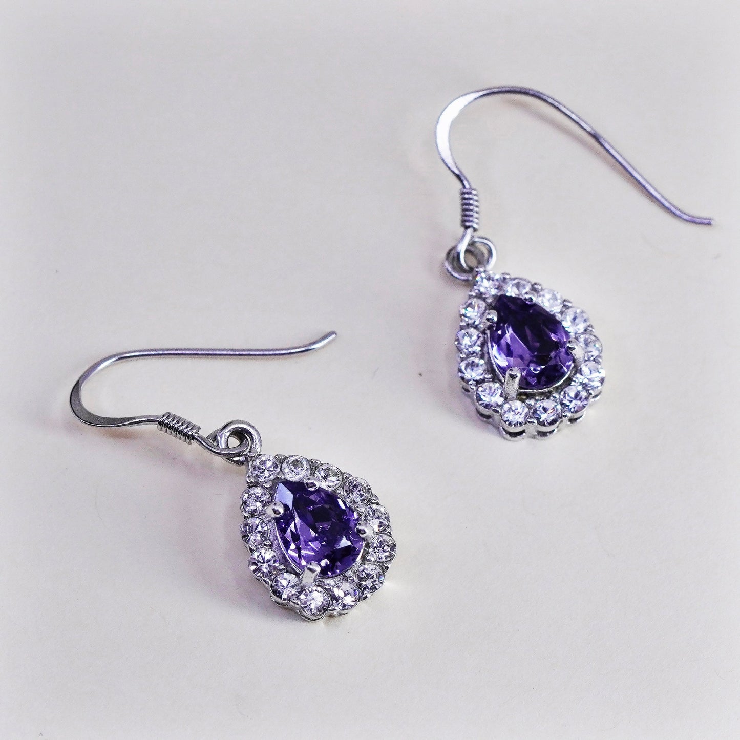 Vintage Sterling 925 silver handmade earrings, teardrop purple Cz dangles