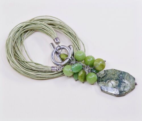 14”, Linen chain necklace W Cluster Jade Pendant N Sterling 925 Silver Toggle