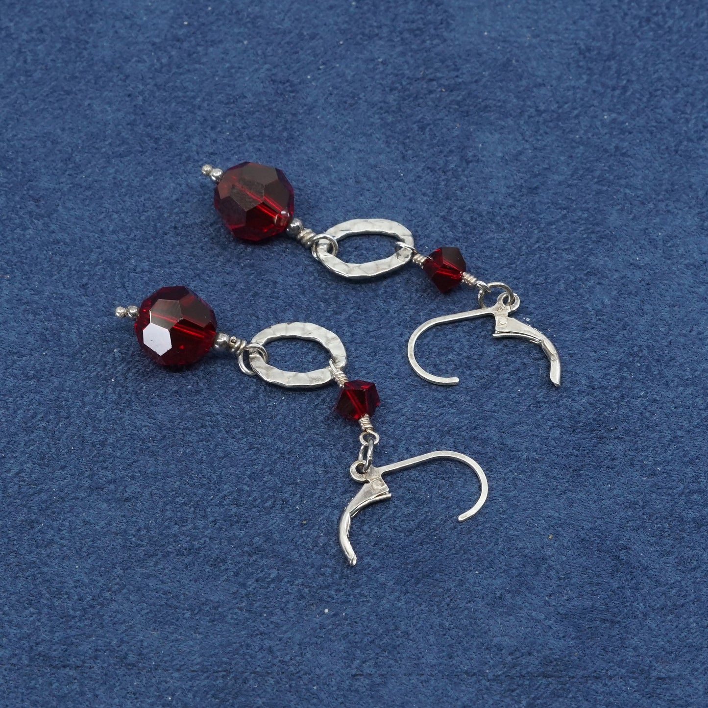 vtg Sterling silver handmade earrings, 925 circle w/ red crystal bead dangles