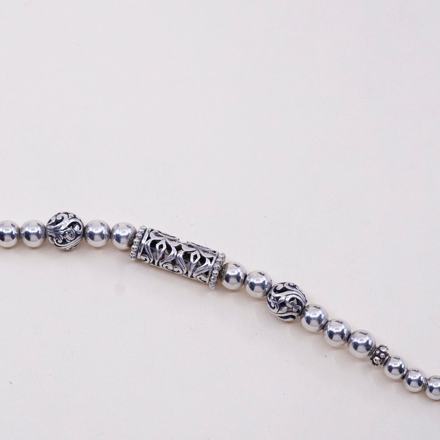 6.75”, vtg Sterling silver handmade bracelet, Mexico 925 Filigree bar w/ beads