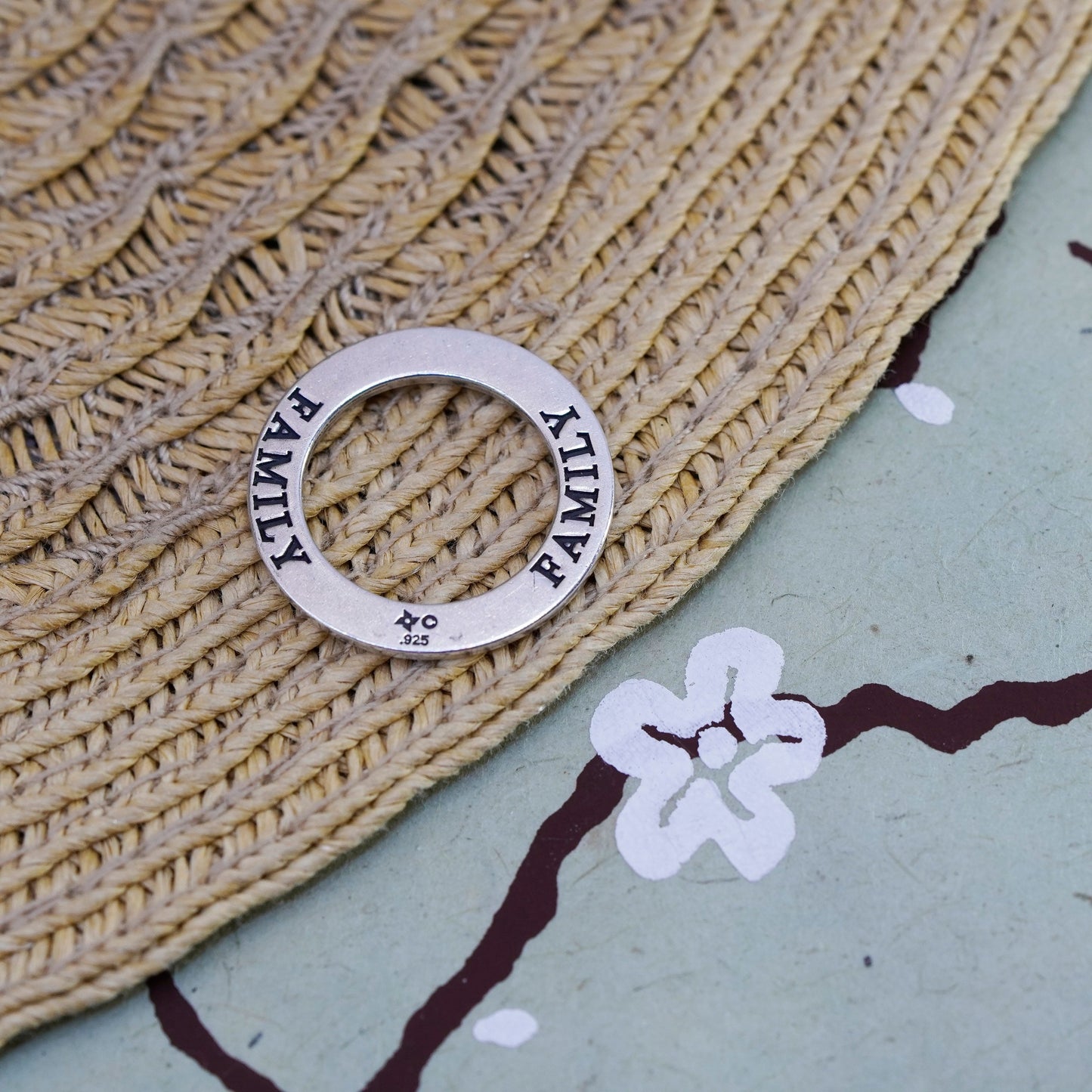 Vintage sterling silver handmade pendant, 925 circle with “family” embossed