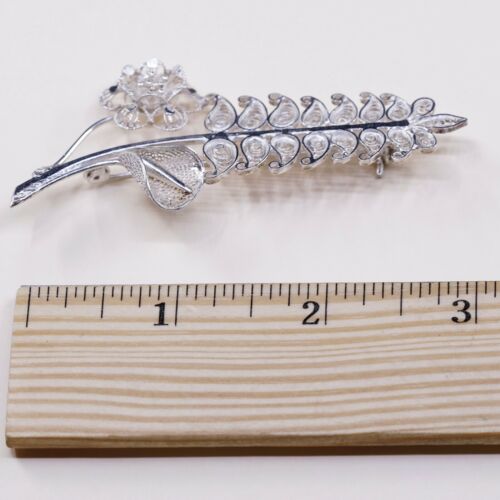 VTG Sterling Silver Handmade Filigree Flower Floral Leaves Leaf Brooch Pin