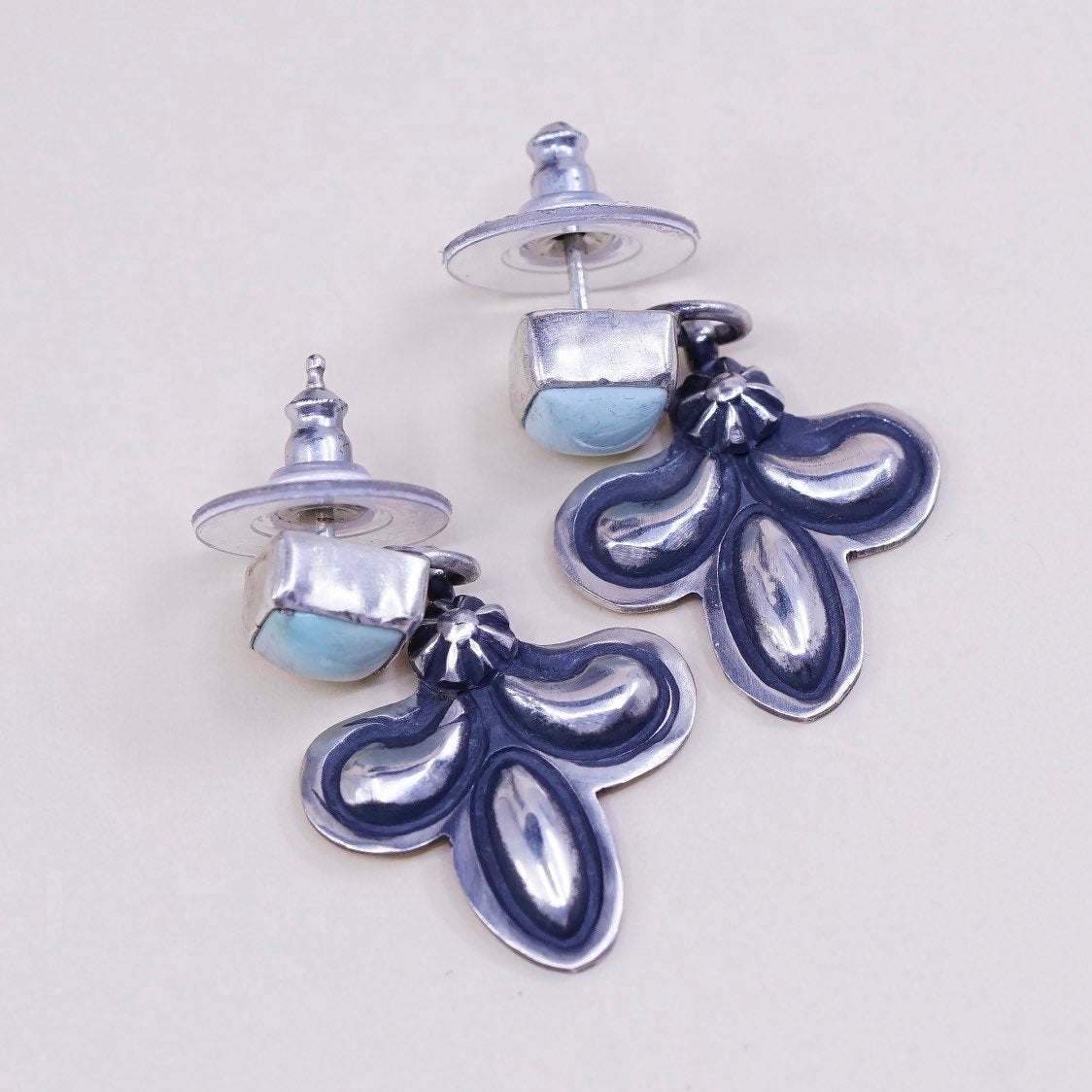 vtg Sterling silver handmade earrings, 925 teardrop drop w/ Larimar