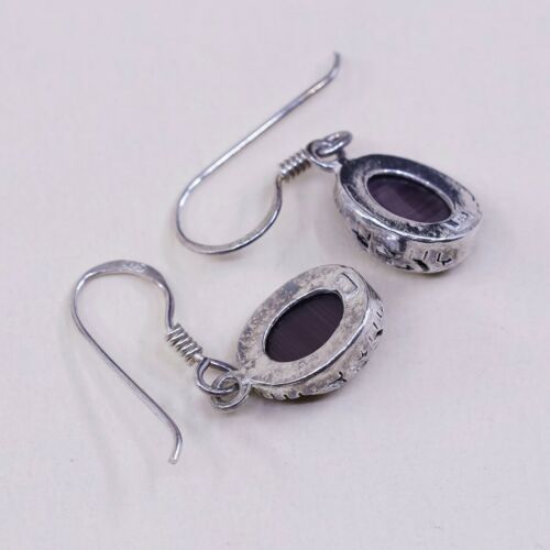 Vtg Sterling Silver Handmade Earrings, 925 Silver W/ Purple Tiger Eye