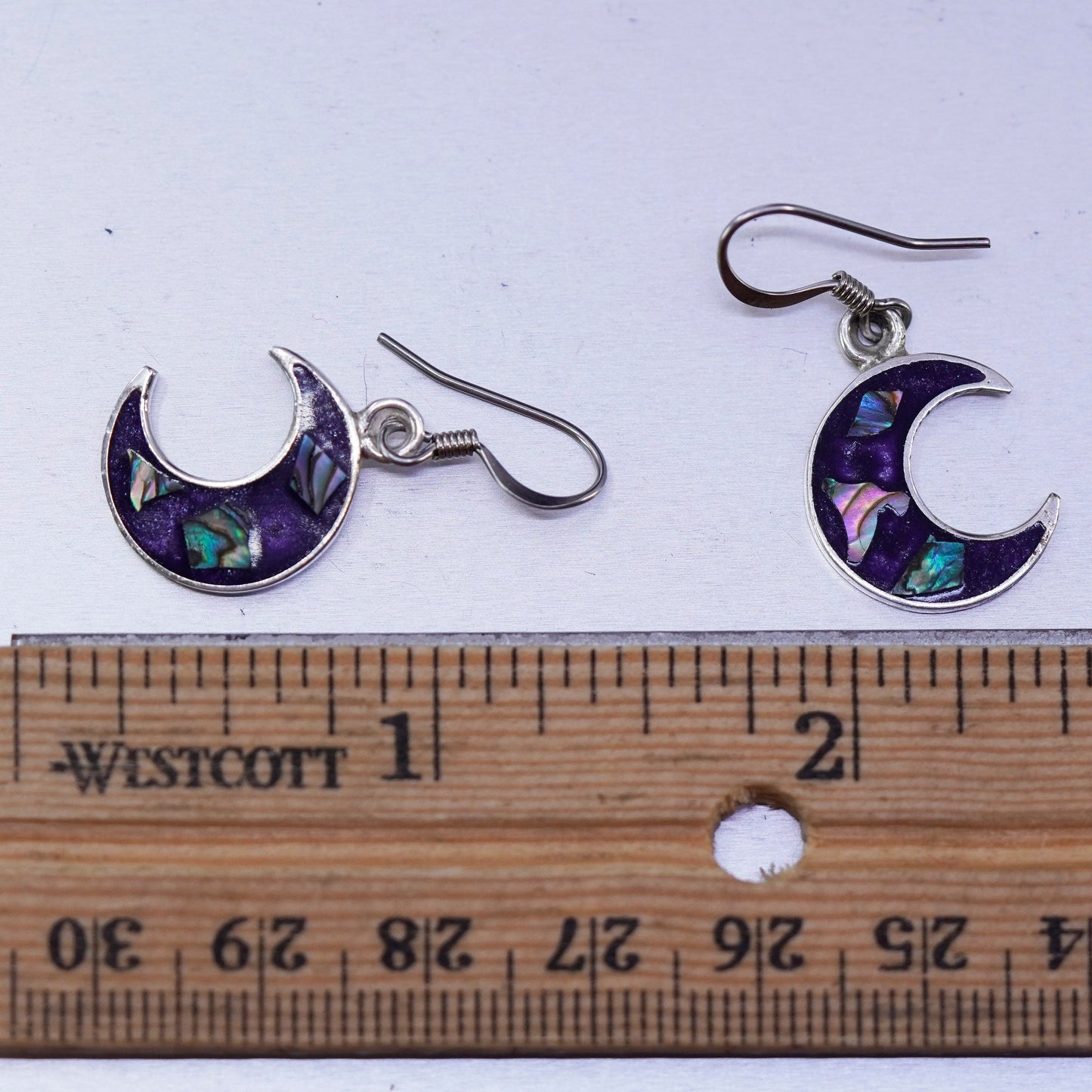 Vintage Sterling 925 silver handmade moon earrings with enamel inlay