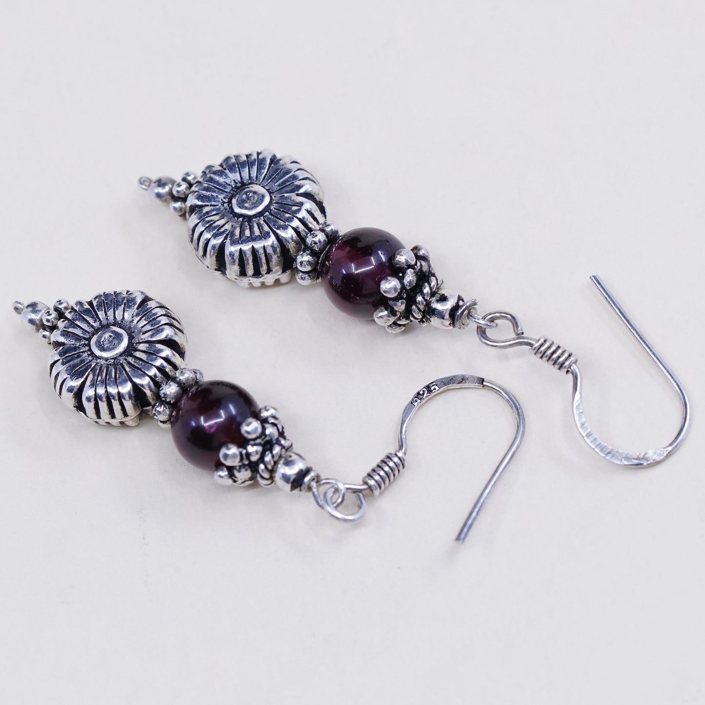 Vintage sterling silver flower earrings, 925 silver with garnet beads