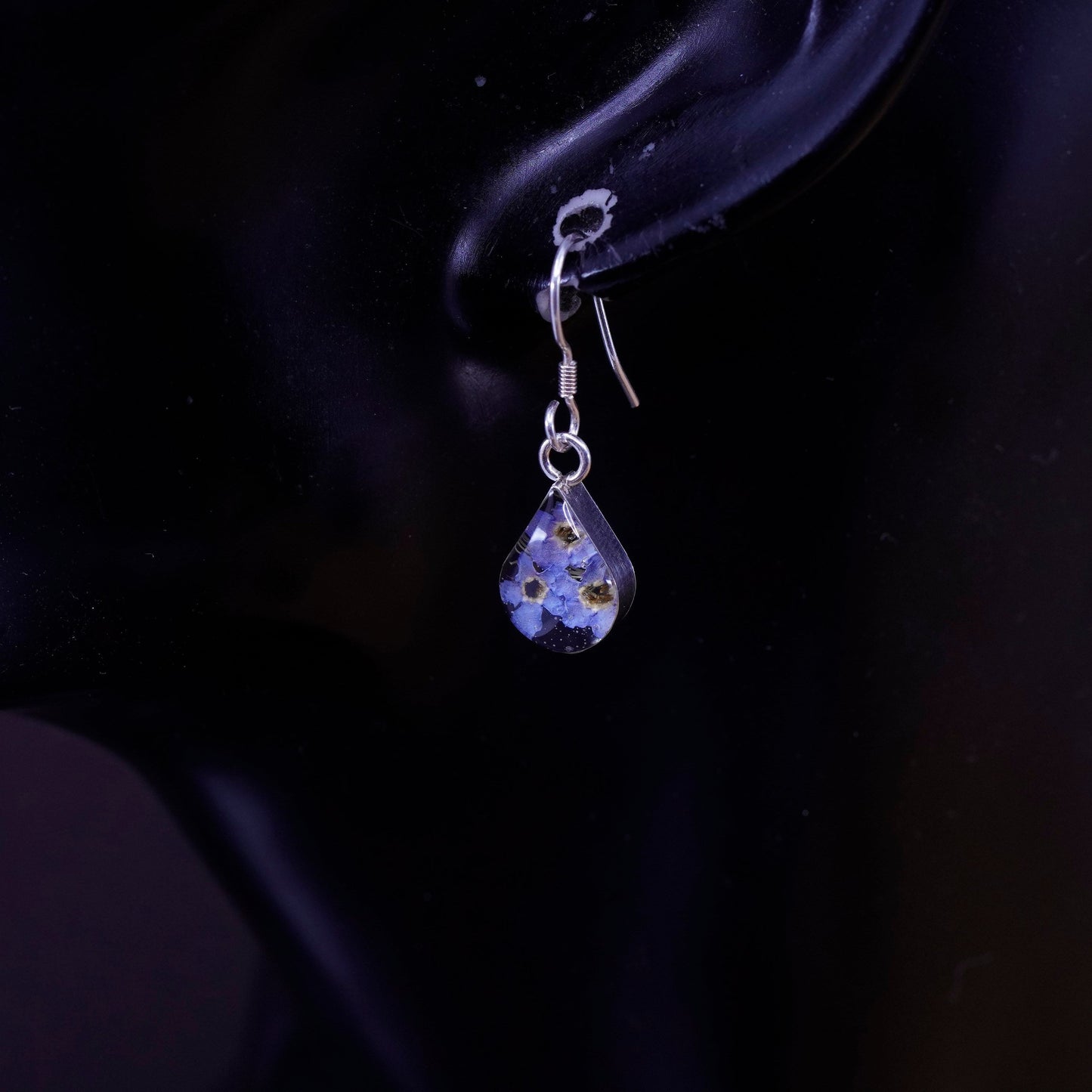 Vintage Sterling 925 silver handmade teardrop earrings with purple resin flower