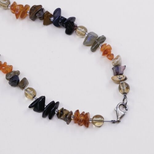 18" Vtg Sterling 925 silver handmade necklace W/ Nugget Amber N Jasper Beads