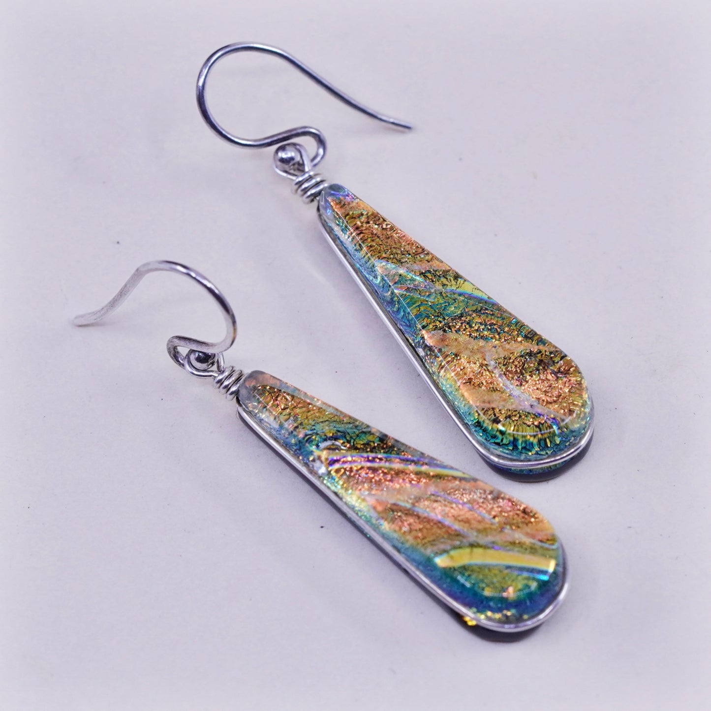 Sterling 925 silver handmade earrings orange teardrop foiled artisan glass drop