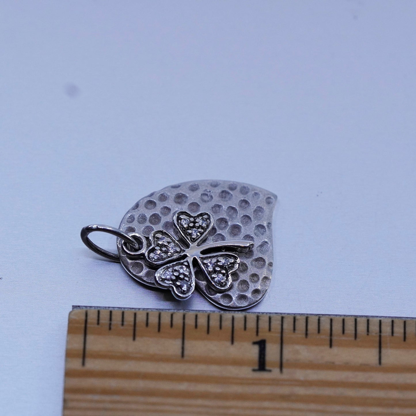 Vintage Sterling silver 925 handmade heart charm pendant with cz lucky clover