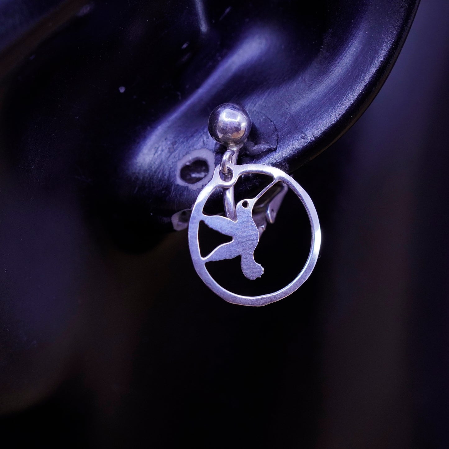 Vintage Sterling silver handmade clip on, 925 hummingbird bird earrings