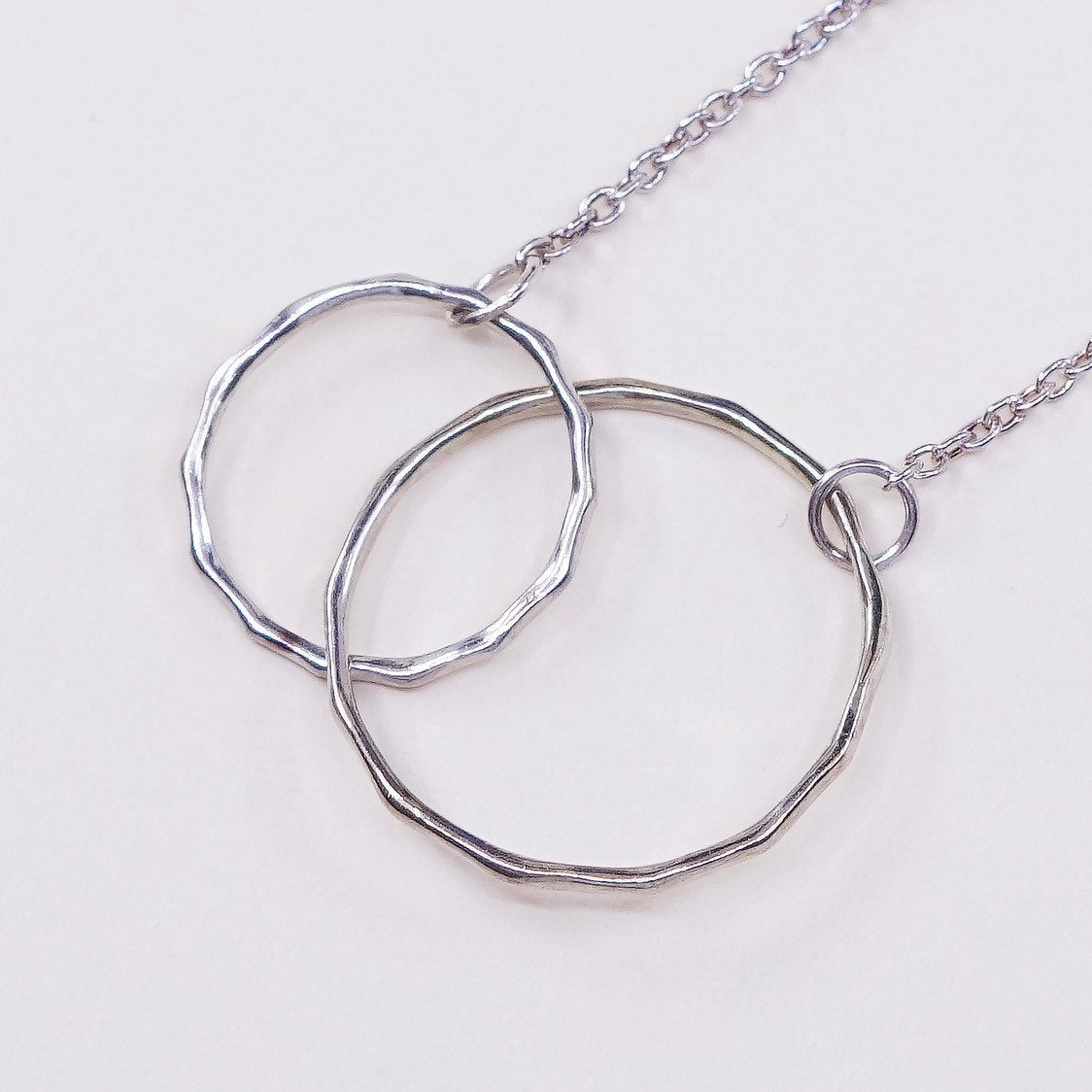 16”+2”, 1mm, sterling 925 silver necklace circle chain w/ double circle pendant