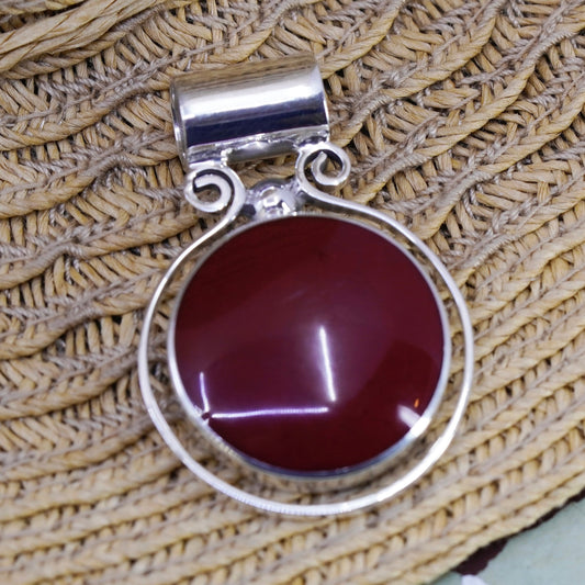 Vintage Mexico Sterling 925 silver handmade round pendant with red onyx