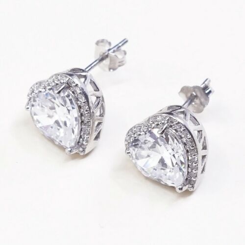 Vtg Sterling Silver Handmade Earrings, 925 Silver Heart Studs W/ Cz Inlay