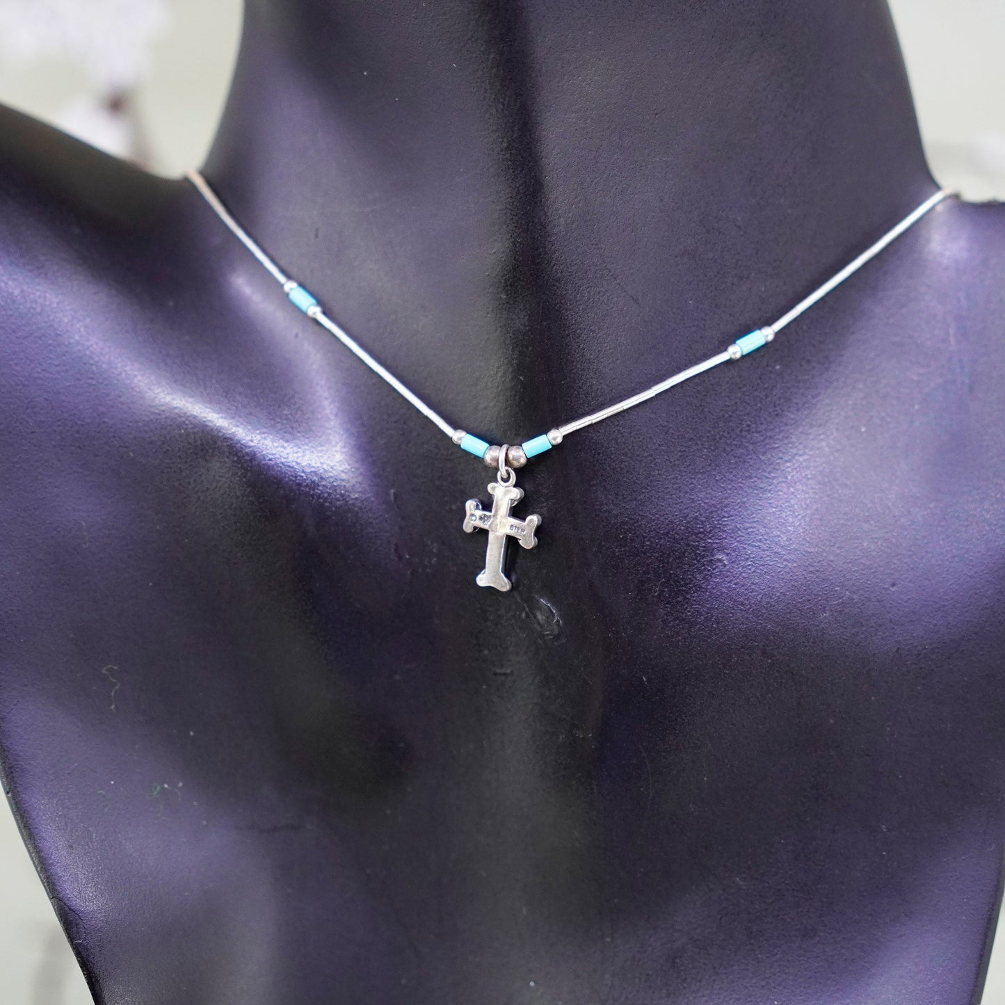 16”, Native American heishi Sterling necklace, 925 liquid silver cross pendant