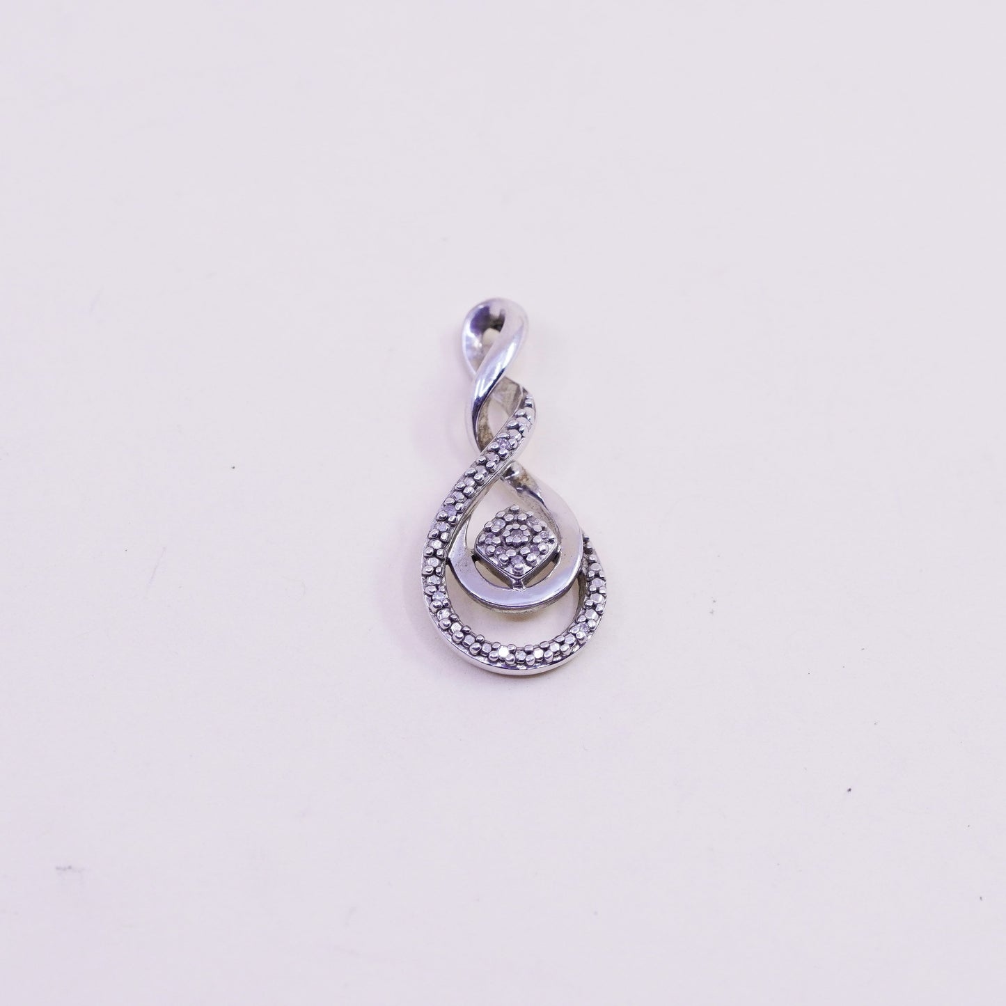 vintage Sterling silver Pendant, 925 entwined teardrop with real diamond