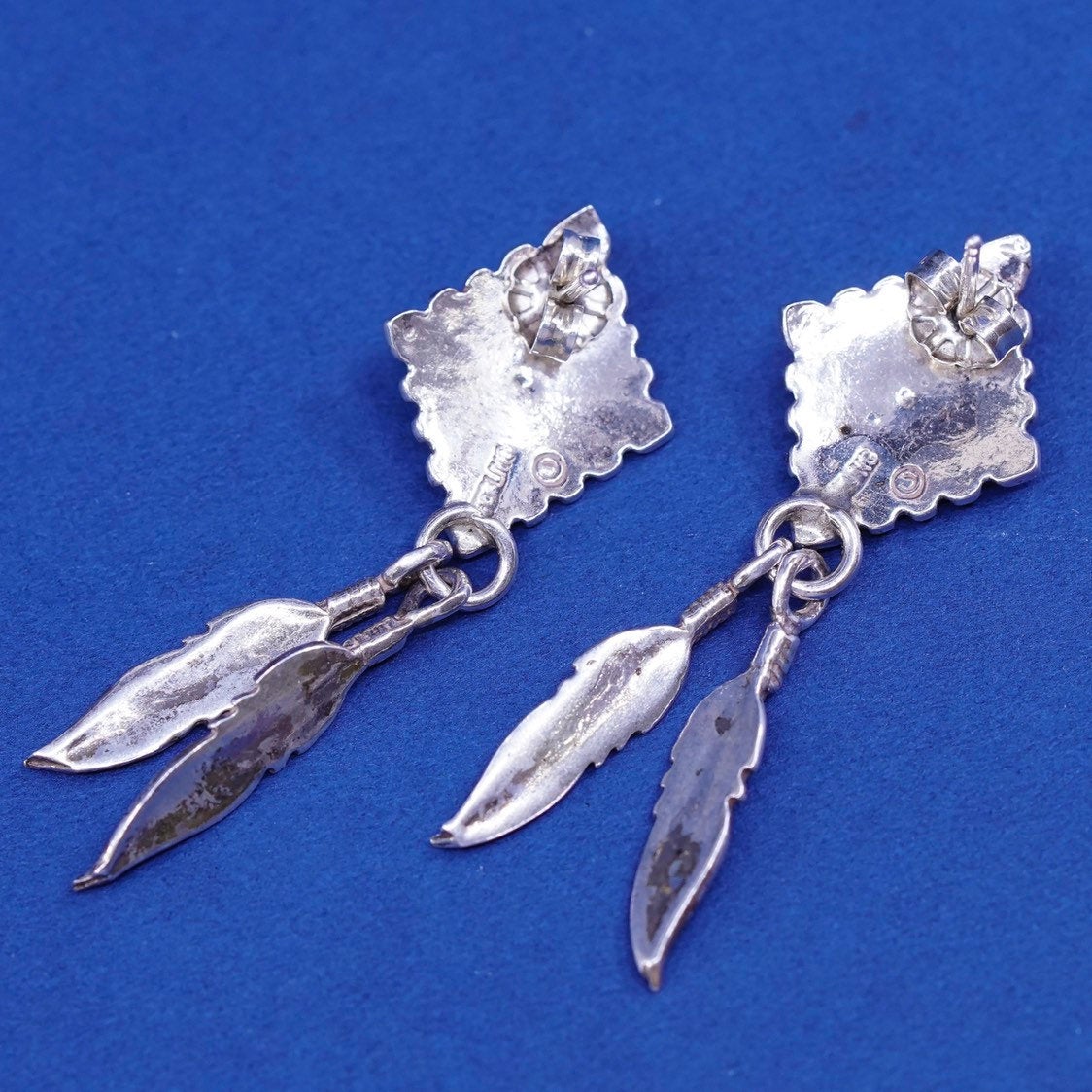 vtg Sterling silver handmade earrings, 925 studs w/ feather dangles