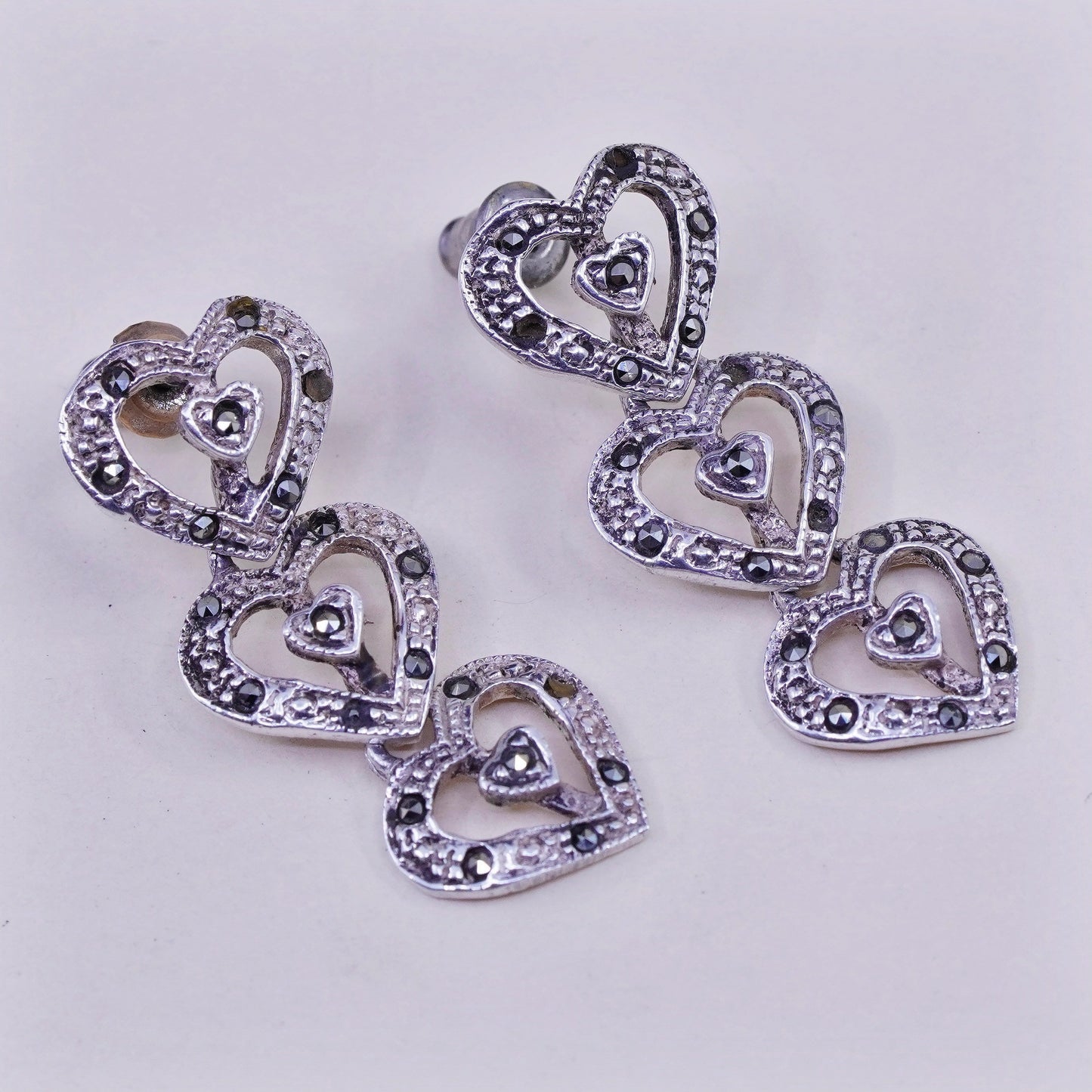 Vintage Sterling 925 silver handmade heart earrings with Marcasite