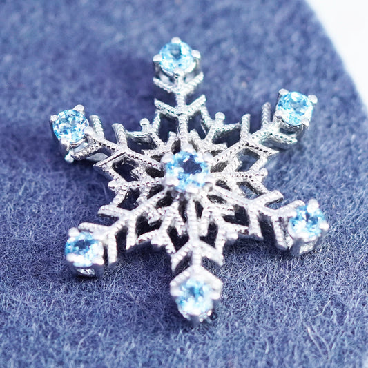 Vintage sterling 925 silver snowflake pendant charm with blue cz