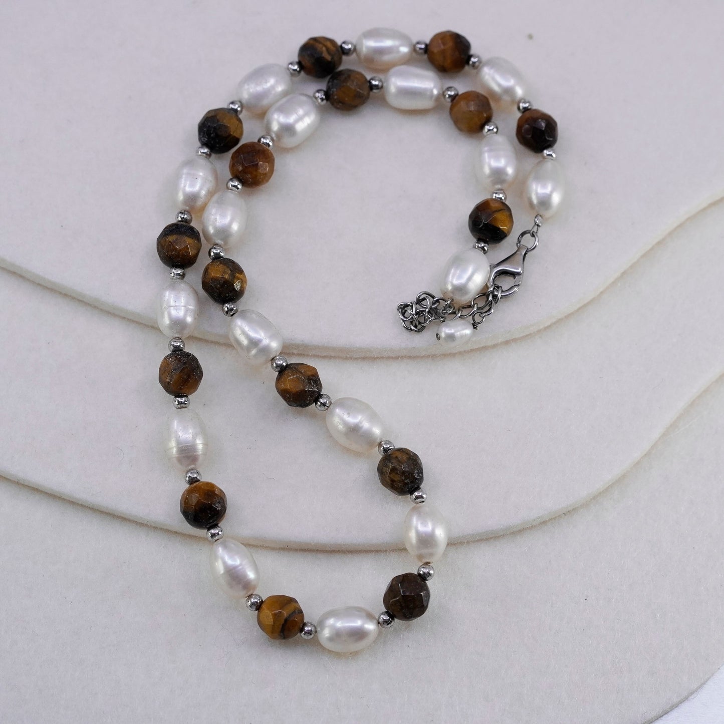 16+2”, Sterling 925 silver handmade necklace pearl golden tiger eye beads