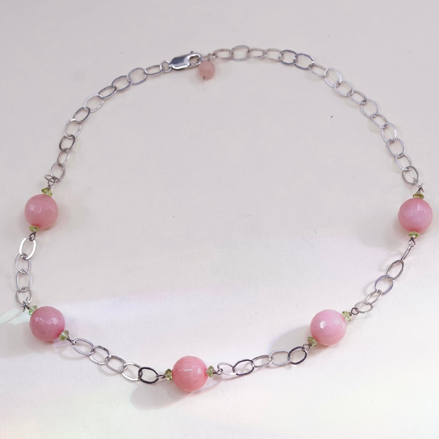 18”, sterling silver necklace, 925 flatten circle chain w/ rose pink quartz