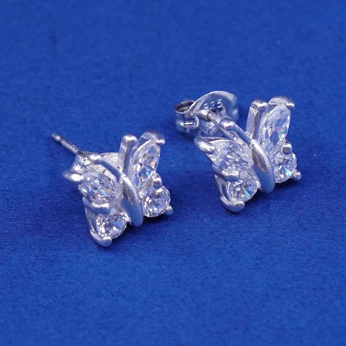 vtg Sterling silver handmade earrings, 925 butterfly studs w/ cz