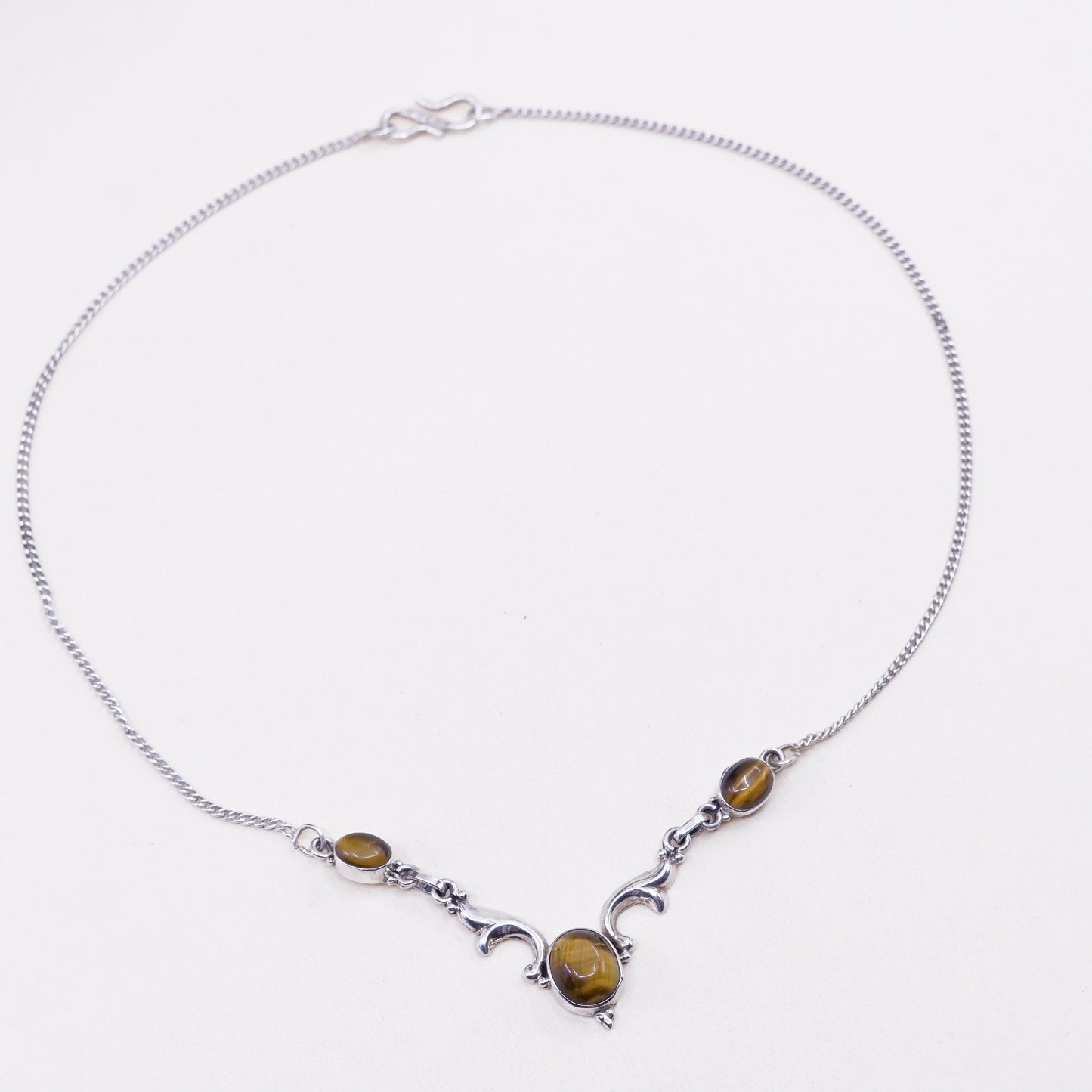 17”, mexico curb sterling 925 silver handmade necklace golden tiger eye pendant