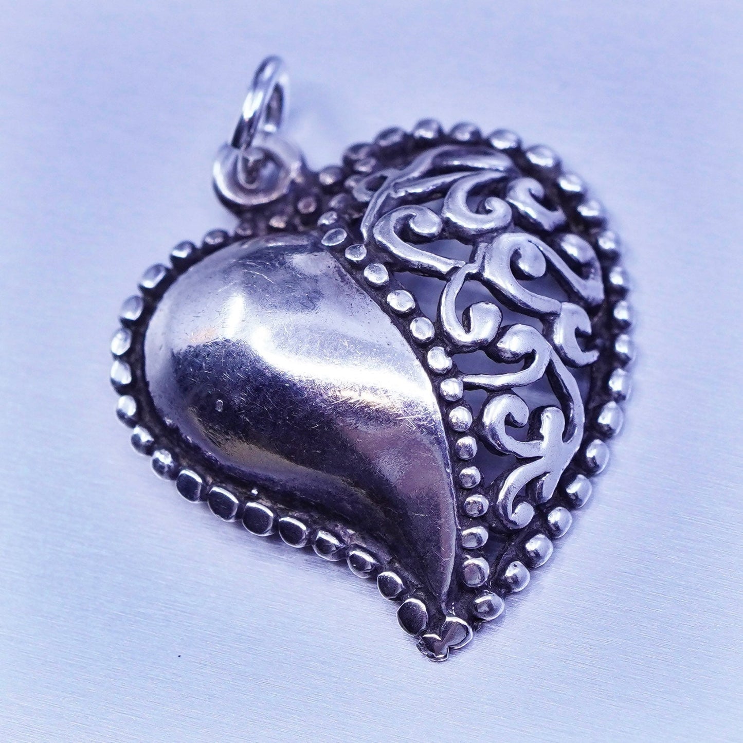 Antique Jezlaine Sterling silver charm, 925 filigree heart pendant with beads