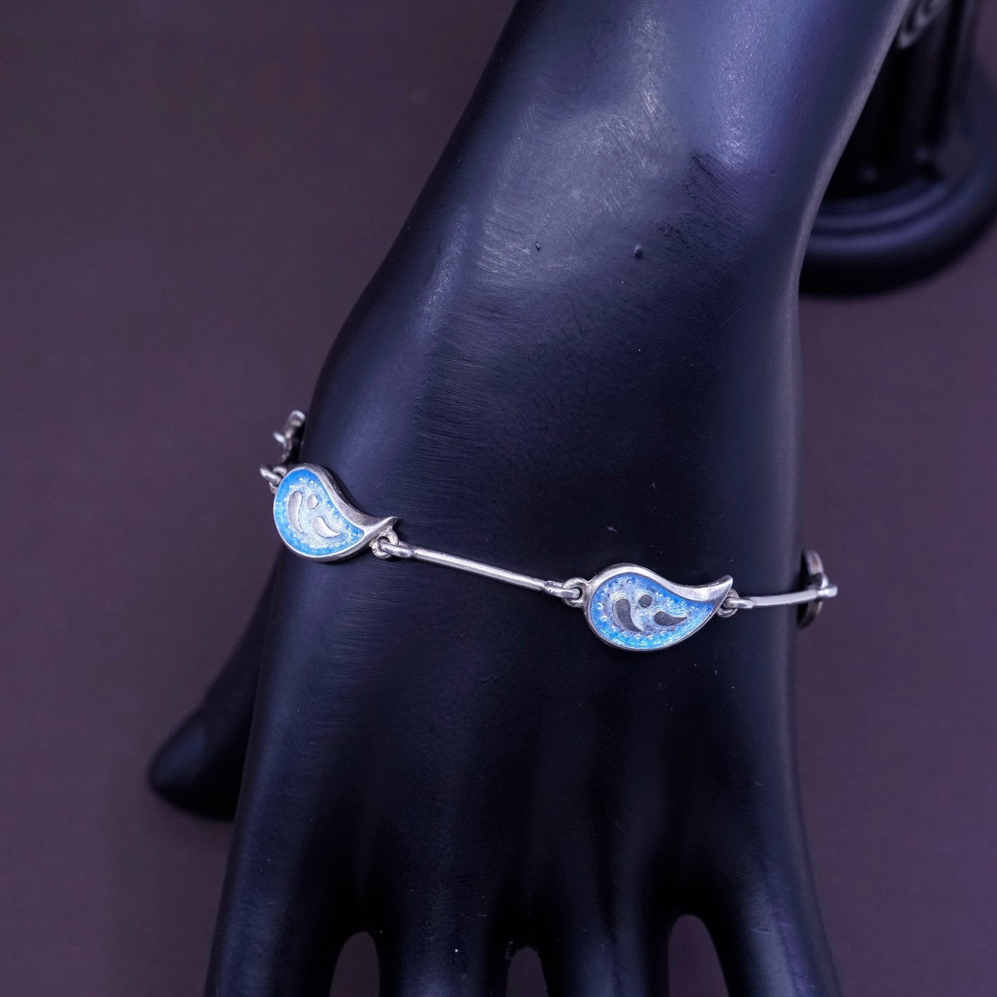 7”, vtg sterling 925 silver handmade bracelet, blue enamel teardrop link chain