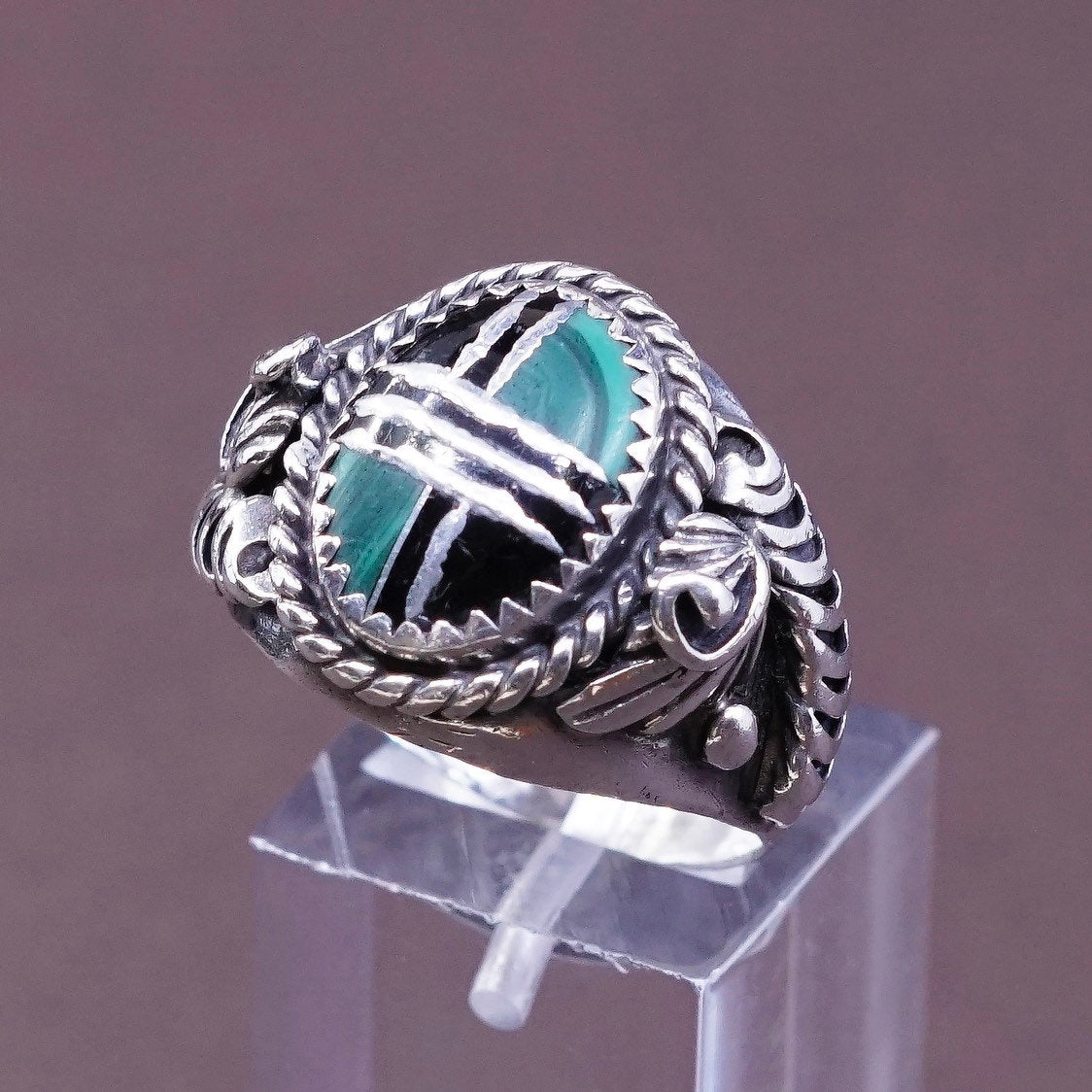 sz 9, vintage sterling silver handmade ring, 925 w/ obsidian N malachite